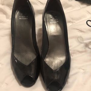 Stuart Weitzman 10.5 Black Patent Peep Toe Heels